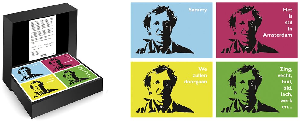 Vier kleurrijk vormgegeven MatchBoox-miniatuurboeken met bekende liedteksten van Ramses Shaffy, waaronder Sammy en Zing, vecht, huil, bid, lach, werk en bewonder.