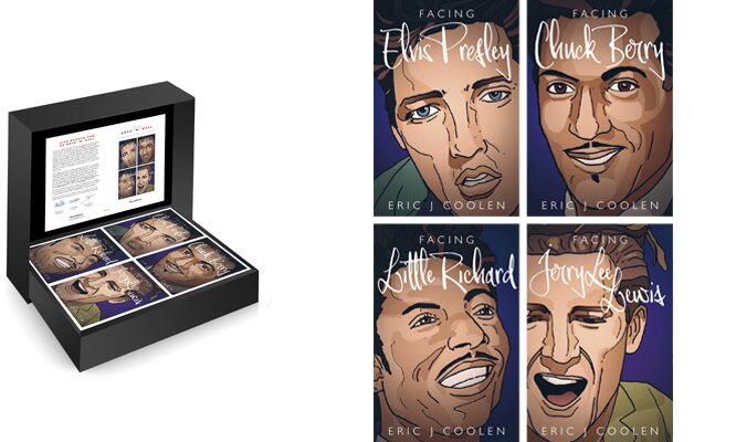 Rock 'n' Roll-serie met vier Facing-miniatuurboeken over Elvis Presley, Chuck Berry, Little Richard en Jerry Lee Lewis, geïllustreerd door Eric J. Coolen.