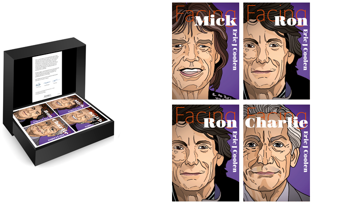 Geschenkdoos met vier geïllustreerde miniatuurboeken over de bandleden van The Rolling Stones, vormgegeven door Eric J. Coolen.