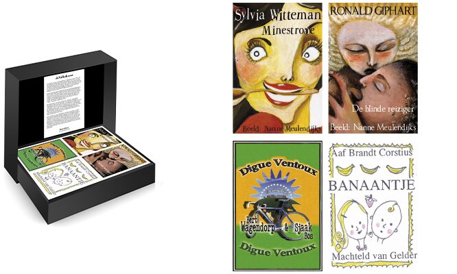 Vier geïllustreerde MatchBoox-miniatuurboeken van Sylvia Witteman, Ronald Giphart, Bert Wagendorp en Aaf Brandt Corstius in een luxe geschenkdoos.