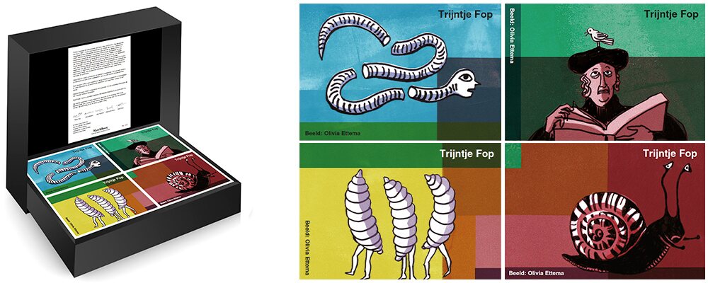 Luxe geschenkdoos met vier kleurrijke miniatuurboeken met dierengedichten van Trijntje Fop en illustraties van Olivia Ettema.