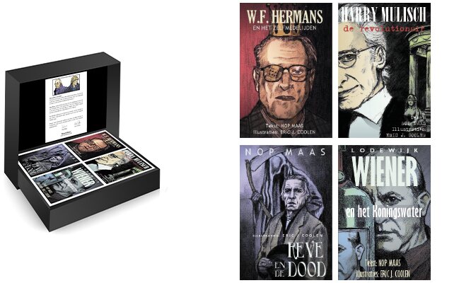 Geschenkdoos met vier literaire miniatuurboeken rond W.F. Hermans, Harry Mulisch, Gerard Reve en Lodewijk Wiener, met portretten van Eric J. Coolen.