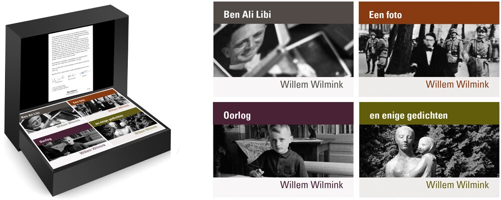 Geschenkdoos met vier miniatuurboeken van Willem Wilmink, waaronder Ben Ali Libi, Een foto, Oorlog “en enige gedichten”.